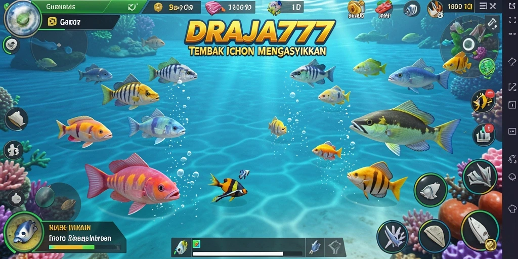Tangkapan layar DRAJA777 menampilkan aksi tembak ikan yang seru dan penuh warna.