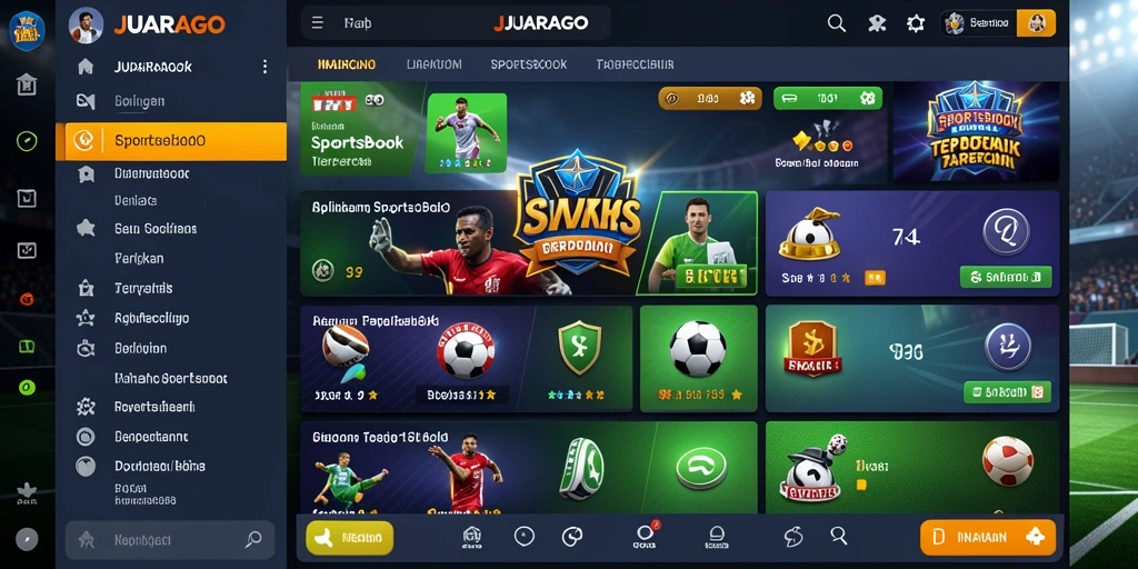 Tangkapan layar utama JUARAGO menampilkan antarmuka taruhan olahraga yang atraktif.