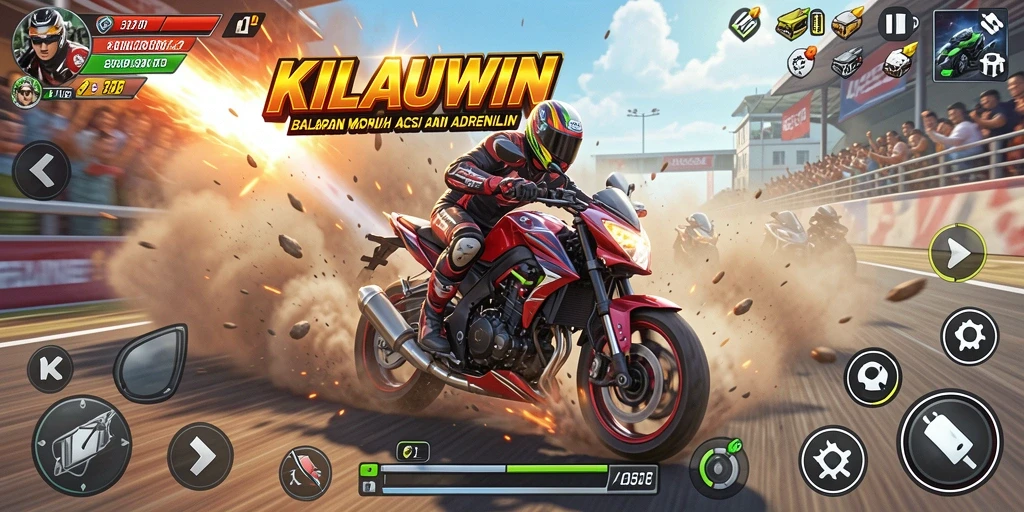 Screenshot gameplay KILAUWIN menampilkan aksi balapan motor yang mendebarkan.
