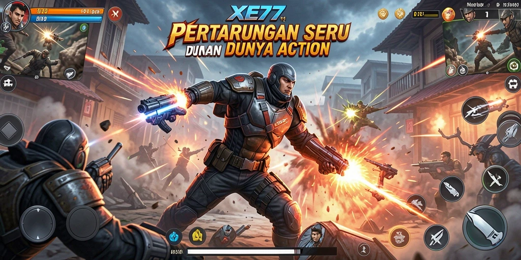 Screenshot XE77 menampilkan aksi bertarung yang intens dan grafis luar biasa.
